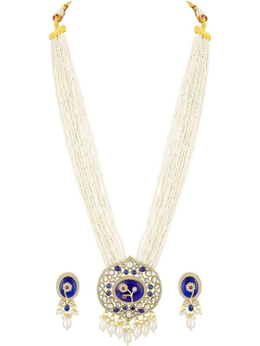 Ethnic Layered Necklace & Earrings Set with Kundan and Beads for Women